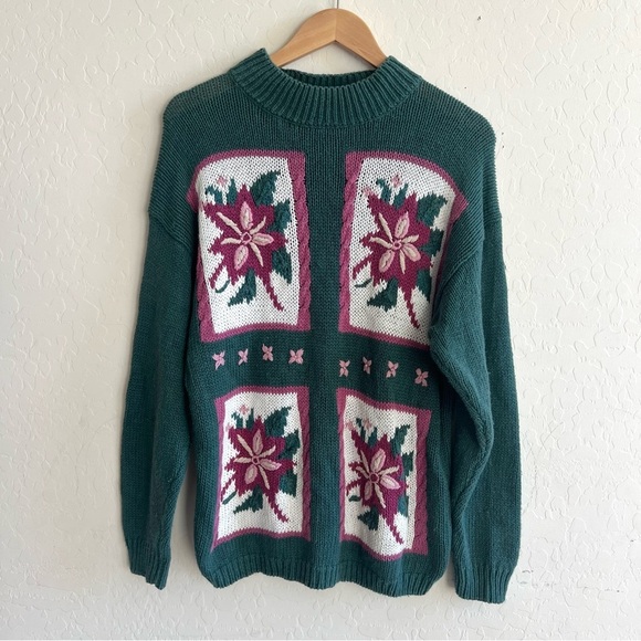 Vintage Emerald Green Pink Floral Knit Grandma Sweater - Picture 4 of 7
